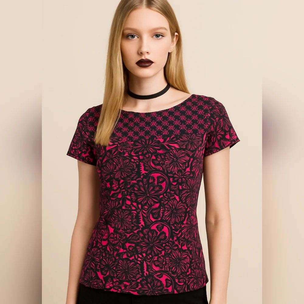 Hannah T-shirt short sleeve fuchsia bright pink black floral print boat neck - Picture 1 of 7